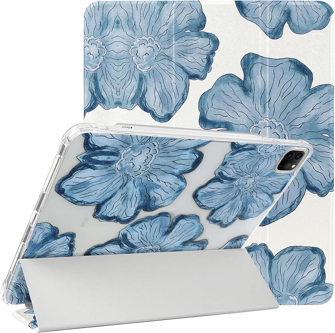 Lovmooful Compatible for iPad Pro 11-Inch,2022/2021/2020/2018 Model(4th/3rd/2nd/1st Generation) Case with Pencil Holder Cute Flower Soft TPU Trifold Stand Protective-Blue Floral
