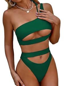 Lilosy Petite Cutout One Shoulder High Waisted Cut Leg Thong Brazilian Bikini Swimsuit Set Women Cheeky Bottom Bathing Suit 2 Two Piece Knotted Dark Green, X-Small