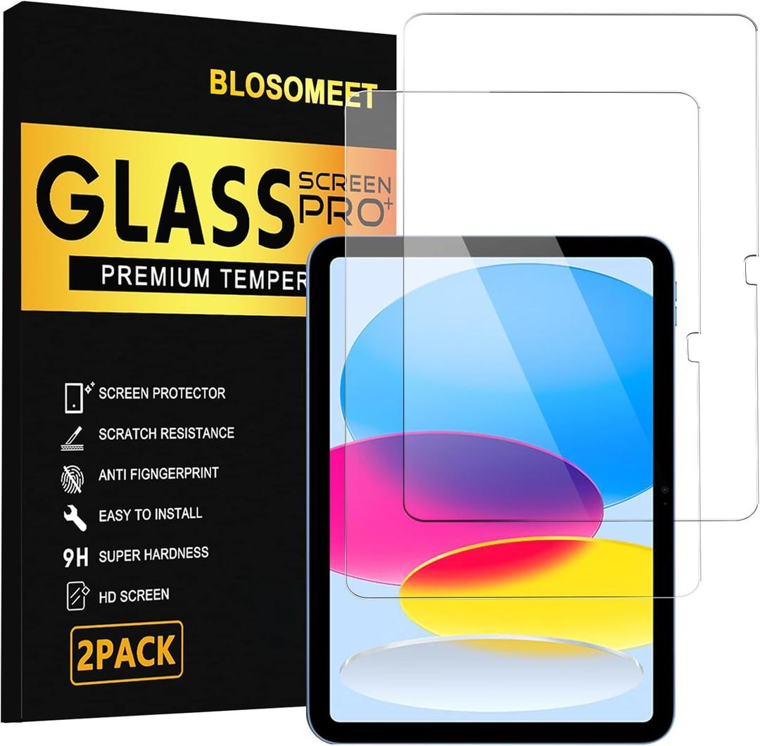 BLOSOMEET 2 Pack Screen Protector for iPad 11th A16 2025 & 10th Generation 10.9 Inch 2022, HD Clear 9H Hardness Tempered Glass [Face ID & Apple Pencil Compatible] Ultra Sensitive Case Friendly