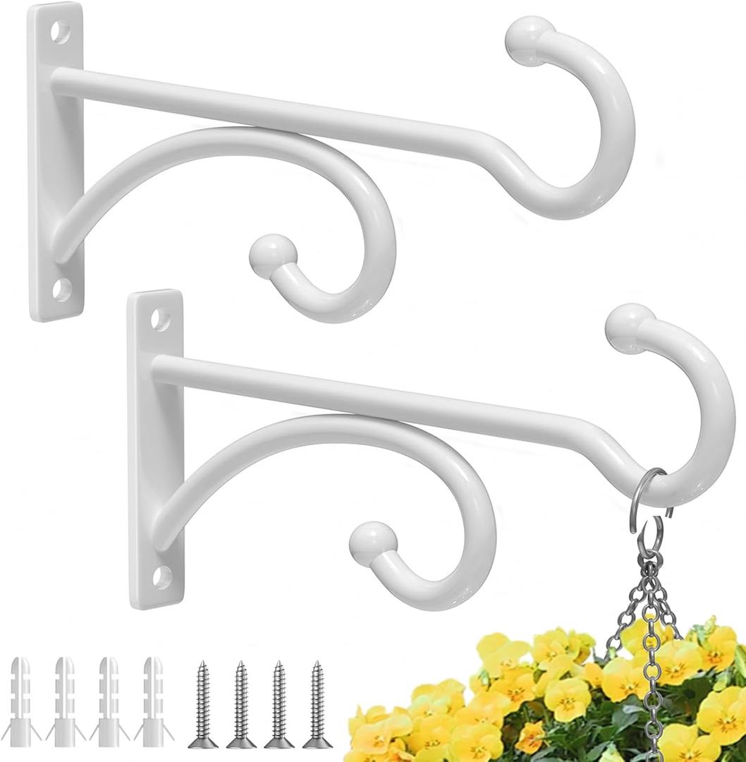 pickpiff 6-Inch Planter Hooks for Hanging Plants - Plant Hanger Hook Indoor Outdoor, Plant Wall Hooks, Brackets for Hanging Plants, Baskets, Wind Chime, Bird Feeder, Bird House (White, Metal, 2 Pack)