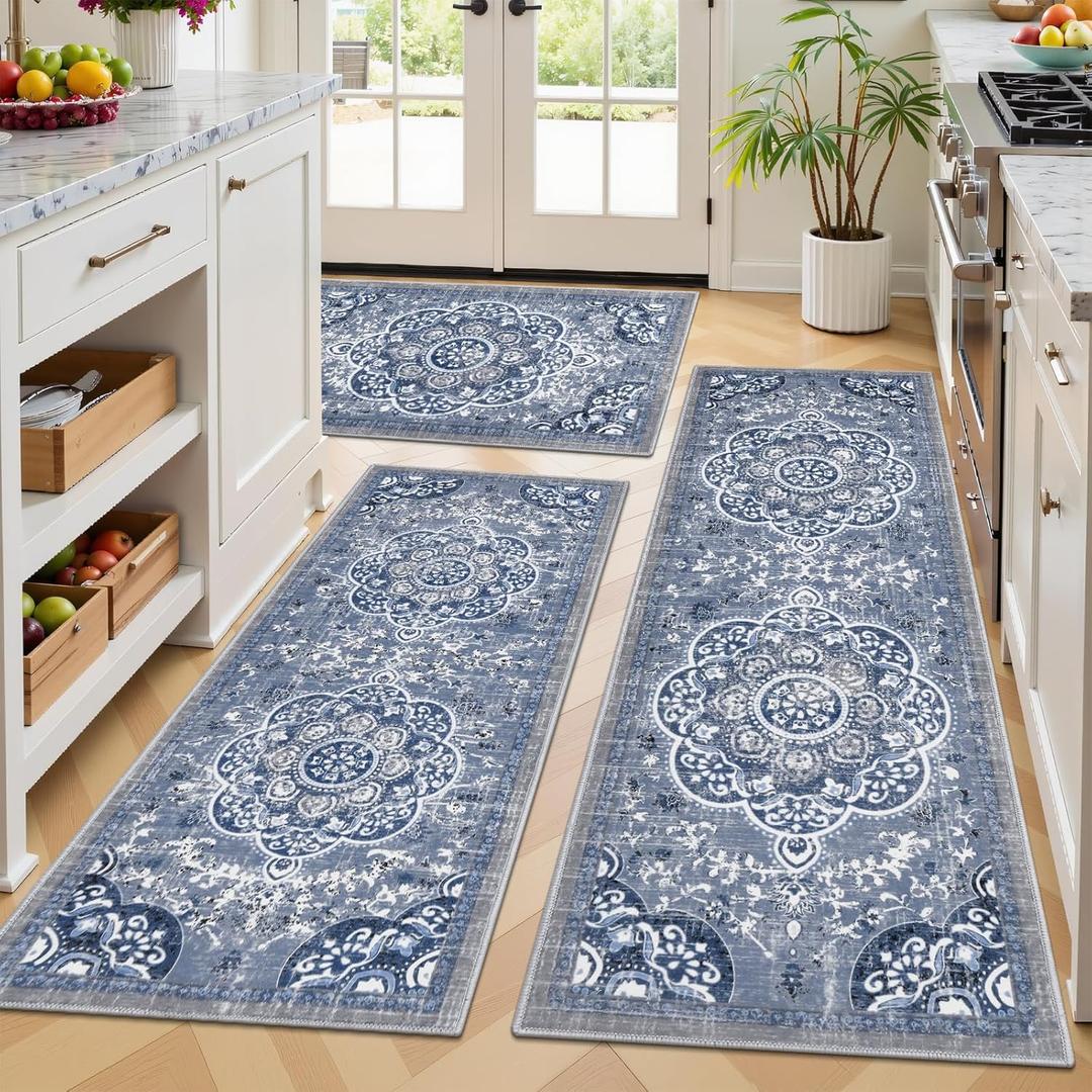 Ileading Boho Kitchen Rugs Sets 3 Piece with Runner Floral Kitchen Floor Mat Carpet Farmhouse Kitchen Rugs and Mats Non Skid Washable Runner Rug for Kitchen Floor Office Sink Laundry, Blue (20"x32"+20"x48"+20"x59")