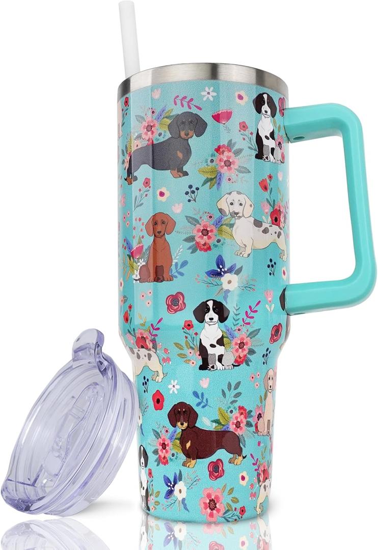 Dachshund Gifts for Women, 40 oz Dachshund Tumbler with Handle and Straw, Reusable Stainless Steel Dog Tumbler with Leak Proof Lid (Cyan)