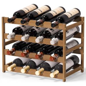Ruichang Wine Rack Sturdy Wine Countertop  Bamboo Wine Bottle Holder Wine Storage Racks Counter Wine Stand Inserts for Cabinet Free Standing Floor Table Wine Organizer (4Tier, 16 Bottle Capacity)