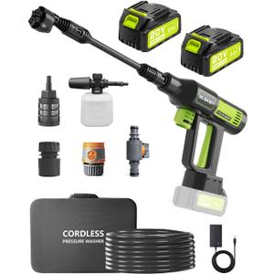 Portable Pressure Washer Cordless 2 Batteries - 1200PSI Brushless Battery Powered Power Washer with 6-in-1 Nozzle, Foam Cannon, 3 Power Level, Hand Held Pressure Washer for Cars Patio Driveway (Green)