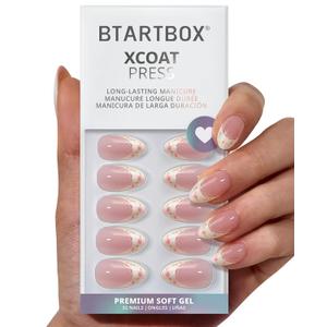 BTArtbox French Tip Press On Nails - Sunprint Dress, Lamp-Curable 4-Week Wear Pink Short Almond Press On Nails with Glue and Adhesive Tabs, Easy-to-Apply in 16 Sizes - 32 Nails All-in-One Kit