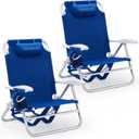 Old Bahama Bay 2 Pack 7-Position Lay-Flat Beach Chair, Lightweight Aluminum Frame Reclining Backpack Chair with Padded Headrest, Cup Holder & Storage Bag, Heavy Duty Support for Tanning & Camping Blue