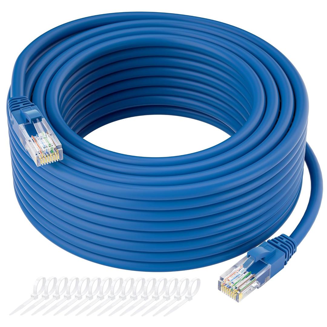 Cat5e Ethernet Cable 250 FT, Cat 5e Internet Cable, Blue Snagless Patch Cord, Flexible, Network, LAN, PoE, Standard RJ45 Connector for PC, Server, Router, Modem, TV, PS5 - with 15 Cable Ties