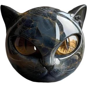 Black Cat Stone Sculpture Figurine Handcrafted Look Resin Statue with Amber Eyes, Elegant Shelf Decor for Home or Office (Yellow)