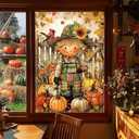 HOMETITUTE Fall Scarecrow Window Film 24x36 Inch PVC Thanksgiving Window Sticker with Pumpkins Leaves Sunflowers and Fence Scene Static Autumn Window Decal for Glass Door or Entry Decoration
