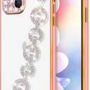 2 x Bonitec Case for iPhone 14 Pro Max Case with Bracelet 3D Glitter Sparkle Bling Strap Luxury Shiny Crystal Rhinestone Diamond Silver Chain Protective Cover for Ladys, Girls and Women, Pink