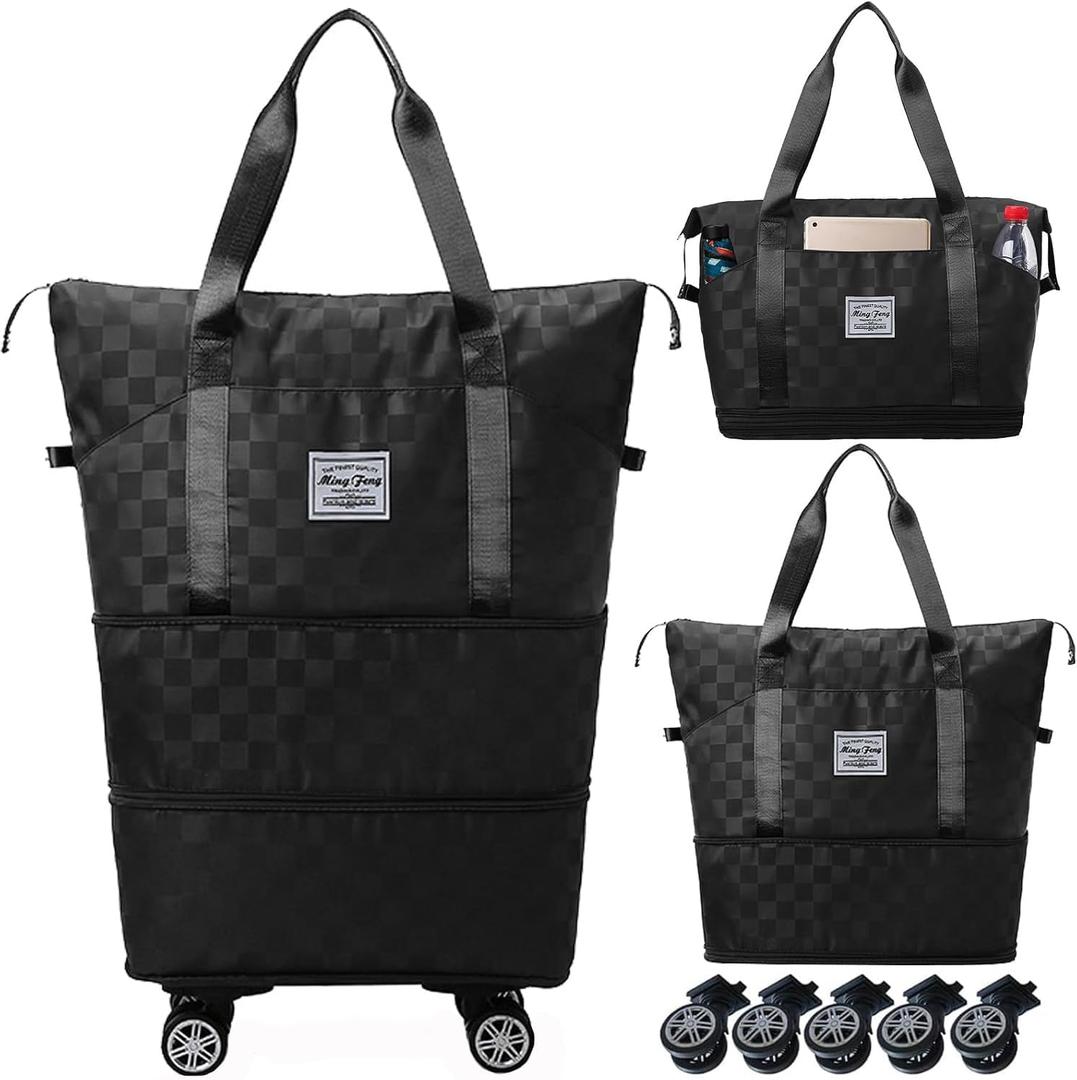 Expandable Foldable Duffel Bag Suitcases,Detachable Rolling Wheels,Rolling Duffle Bag with Wheels,Suitcase with Wheel,Carry on Luggage,Gift for Men Women Lightweight Suitcases (Black)