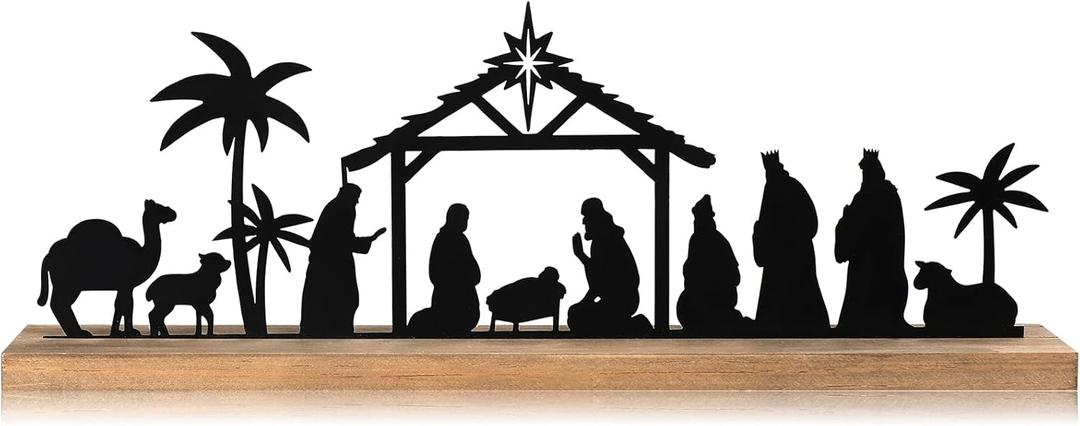 Pinkunn Metal Nativity Sets for Christmas Decorations Black Metal Nativity Scene with Wooden Base for Christmas Xmas Home Indoor Office Kitchen Table Shelf Mantel Tabletop Decor(Classic)