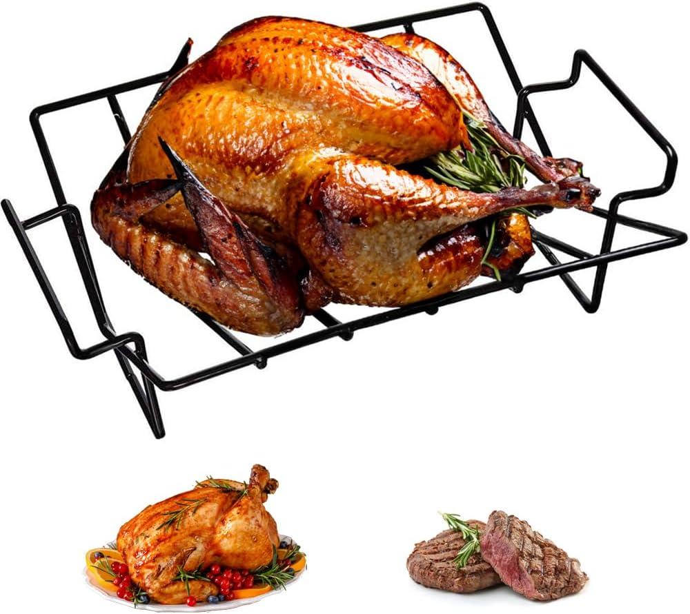 Mikim Carbon Steel Roasting Rack for Grilling and Smoking, BBQ Rib Turkey Racks, Extra Large 14" x 10", 1-Count