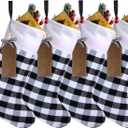 Aoriher 4 Sets Christmas Buffalo Plaid Stockings with DIY Wood Name Tags, 18 Inch Large Xmas Stockings Hanging Decorations with Tags for Christmas Fireplace Decor(Plaid,Black White A)