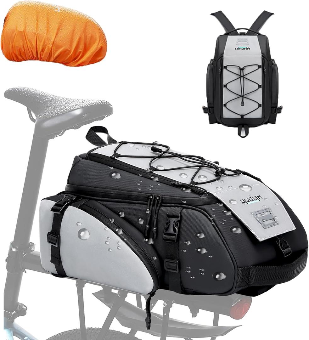 19L Reflective Bike Rack Bag Water Resistant Cycling Pannier Saddle Shoulder Bag with Rain Cover 4-in-1 Versatile Bag Accessories for Travel Commuting Shopping Outdoor Cycling Night-Riding Fitness