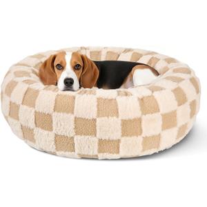 Dog Calming Beds for Small Medium Large Dogs - Round Donut Washable Puppy Dog Bed, Anti-Slip Faux Fur Fluffy Donut Cuddle Anxiety Cat Pet Bed (28" Grid)