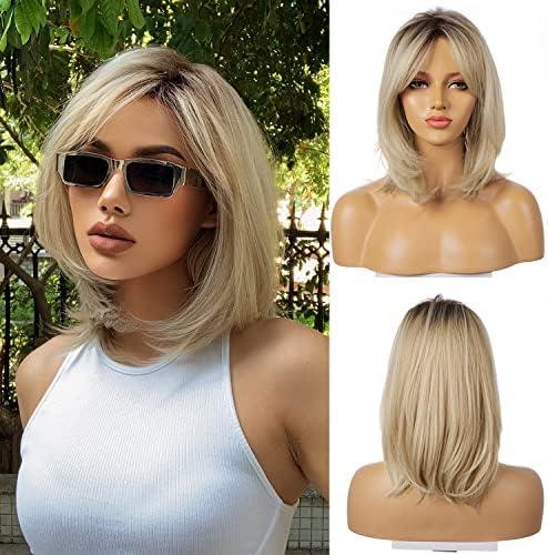FUHSI Blonde Wigs for Women Ombre Light Blonde Wig with Bangs Layered Middle Length Synthetic Wig Dark Roots Hair for Daily Party