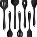 TeamFar Silicone Cooking Utensil Set of 7, Black Kitchen Nonstick Tools Turner Spoon Spatula Ladle Pasta Server for Nonstick Cookware, Healthy & One-Piece, Anti-Heat & Dishwasher Safe