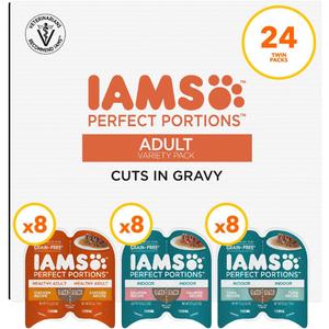 IAMS Perfect Portions Adult Wet Cat Food Cuts in Gravy, Chicken, Tuna, and Salmon Recipe Variety Pack, 2.6 oz. Easy Peel Twin-Pack Trays (24 Count, 48 Servings) (EXP 03/25/27)