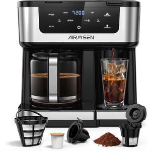 AIRMSEN 12-Cup Programmable Dual Coffee Maker Single Serve Machine for K-Cup Pods & Ground, 1000W Fast Brew, Delay Start, 2H Keep Warm, Touchscreen, 60oz Tank, Glass Carafe Home & Office