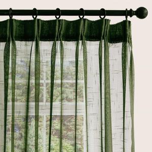 Olive Green Sheer Curtains 84 Inches Long 2 Panels, Dark Textured Linen Look See Through Drapes, Thin Light Filtering Window Treatments, Pinch Pleat Sliding Glass Door Ceiling Curtain