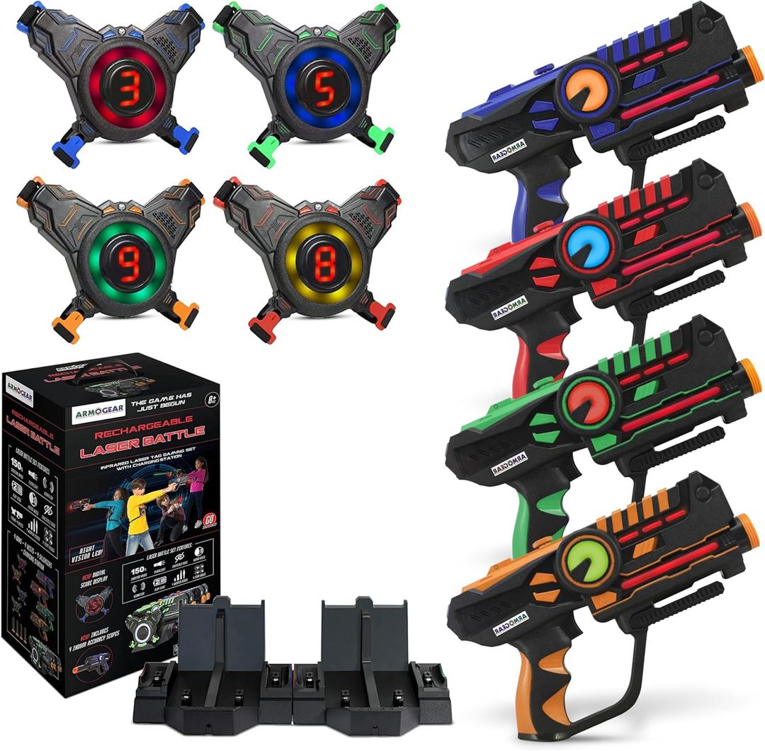 ArmoGear Laser Tag Guns with Vests Set of 4 - Adult Laser Tag Guns, Multiplayer Lazer Tags Set for Kids, Teens, and Adults - Indoor and Outdoor Game for Family Fun - Gift for Boys and Girls, Ages 8+ (4 Player Set (Rechargeable))