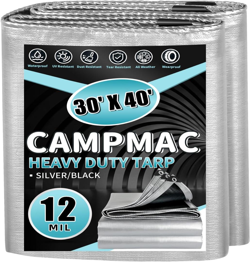 Heavy Duty Tarp 30' x 40', 12 Mil Thick Waterproof Poly Tarps, High Durability, Rip and Tear Resistant with Metal Grommets Every 20 Inches (Silver/Black)
