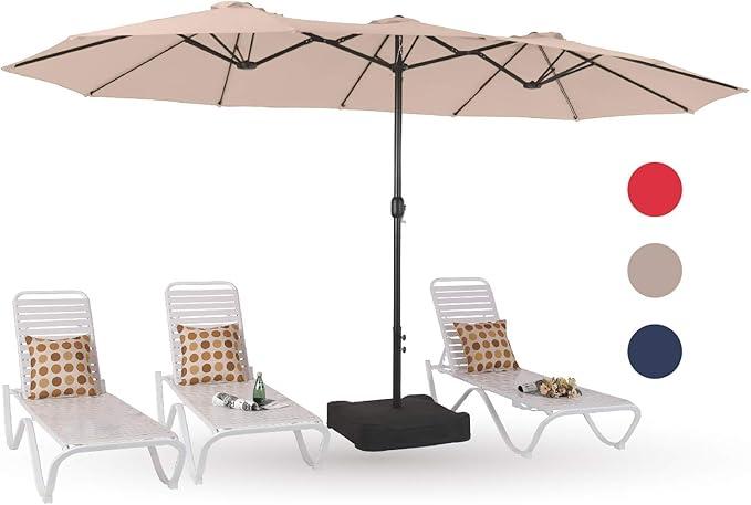 PHI VILLA 15ft Large Patio Umbrellas with Base Included, Outdoor Double-Sided Rectangle Big Market Umbrella with Stand, Outside Umbrellas for Poolside Lawn Backyard, Beige