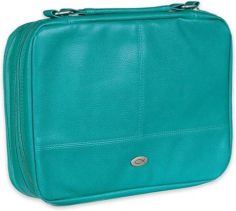 Inspirational Vegan Leather Two-fold Organizer Bible Cover for Women, Jesus Fish Badge, Sturdy Carry Handle, Pen Loops, Pockets, Pen/Highlighter Combo & Notepad, Turquoise