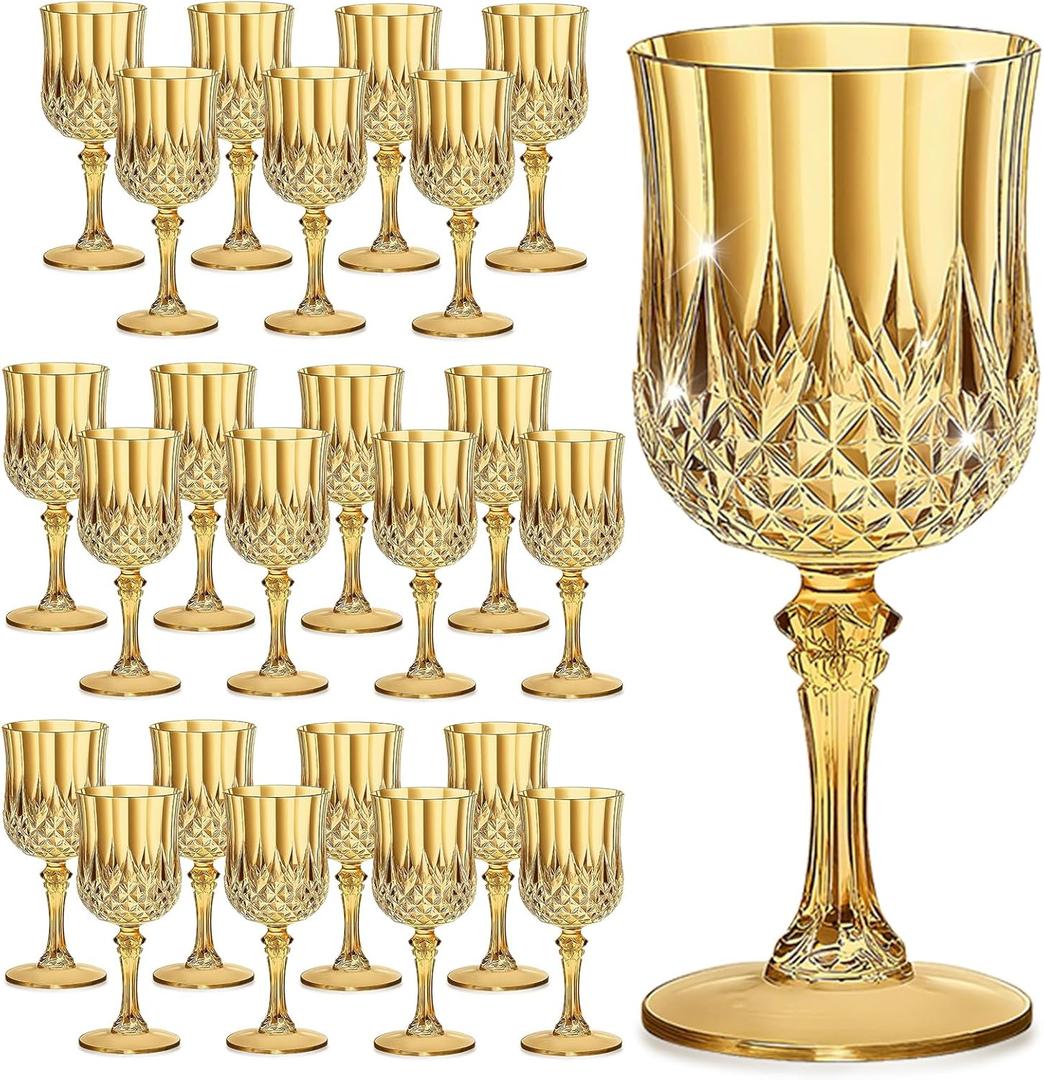 7OZ Plastic Wine Glasses, Disposable Goblets Drinking Glasses Crystal Vintage Water Cups Unbreakable Champagne for Valentines Day, Wedding, Parties (24, Gold)