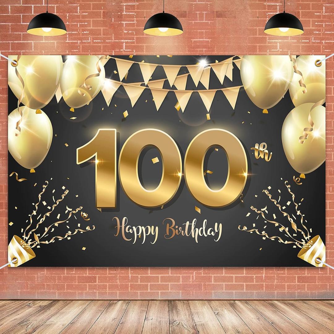HAMIGAR 6x4ft Happy 100th Birthday Banner Backdrop - 100 Years Old Birthday Decorations Party Supplies for Women Men - Black Gold