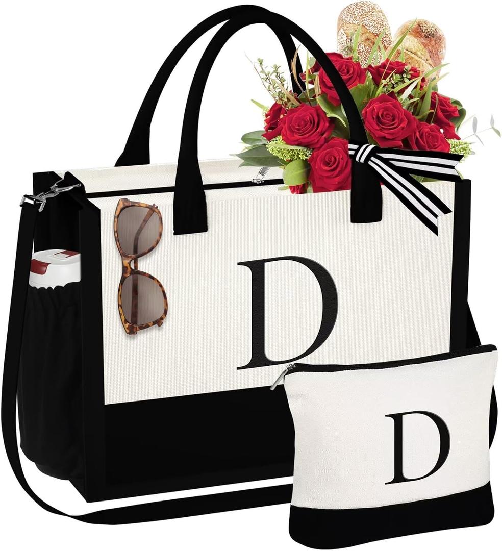 YOOLIFE Mothers Day Gifts - Initial Canvas Tote Bag & Makeup Bag, Birthday Gifts for Women Mom Sister Friends