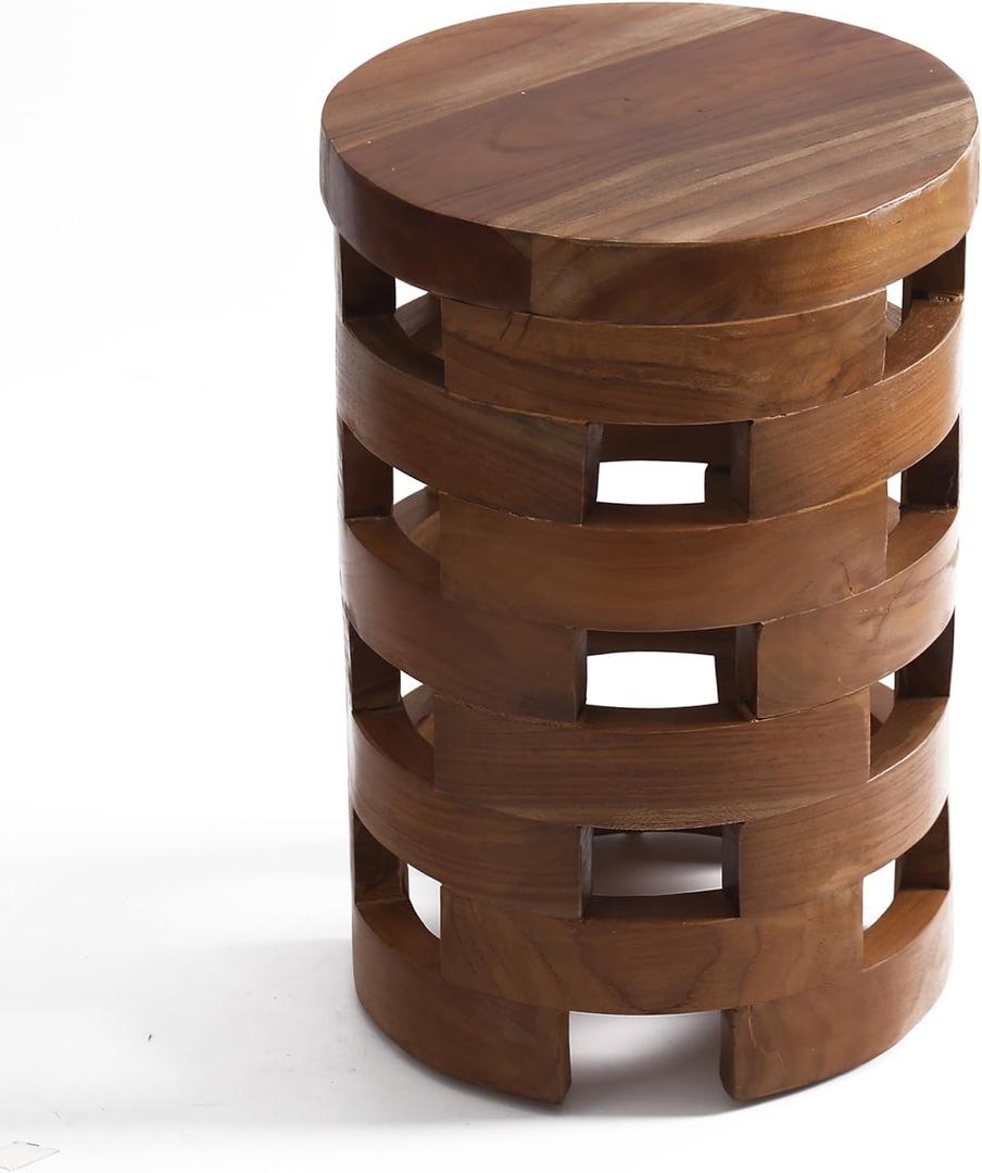 JOLLYMER Teak Side Table for Living Room or Bedroom, Solid Wood Table Stool for Bathroom, Farmhouse Home Decor