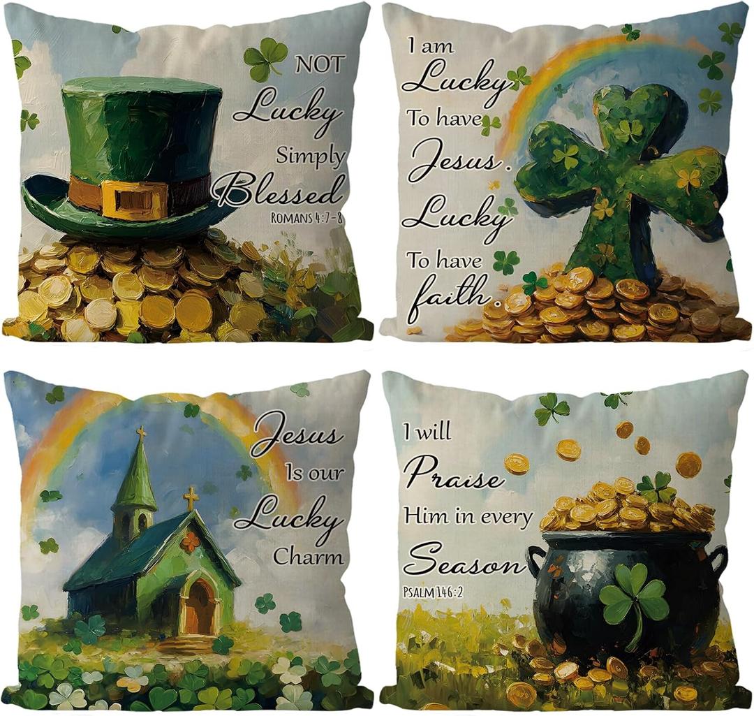 GAGEC St Patricks Day Pillow Covers 18x18 Inch Set of 4 Christian Decor Christian Pillow Covers Religious Decoration Jesus Throw Pillowcase Holiday Cushion Case for Home Sofa Couch Decor