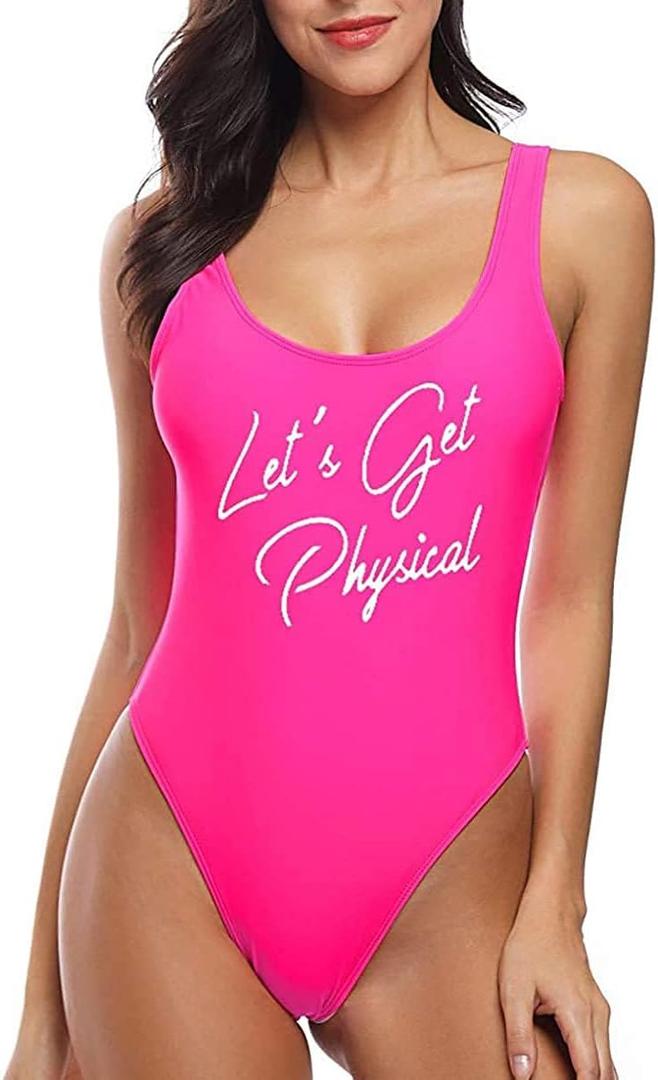 MIAIULIA Women's Retro 80s/90s Inspired High Cut Low Back Padding One Piece Swimwear Bathing Suits (Medium, Let's Get Physical Pink)