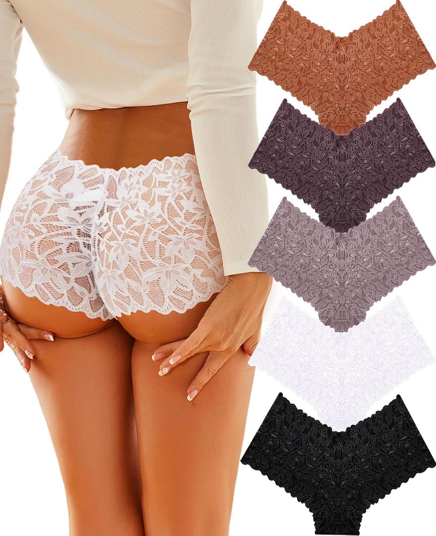 Sexy Underwear Panties for Women Cheeky V Waist Lace Boyshorts Plus Size Underwear Women 5 Pack (Medium, 5 Pack-black*1 White*1 Mocca Grey*1 Brick Yellow*1khaki*1)