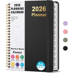 2 x Timart 2026 Planner, Weekly and Monthly Planner, January 2026 - December 2026, Hardcover 2026 Calendar Planner Book with Tabs, Inner Pocket For Women & Men, Perfect for Office School Home, A4(8.5" x11")-Black