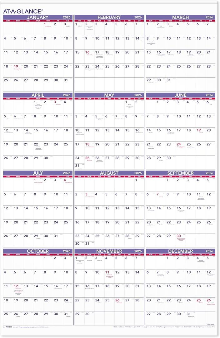 AT-A-GLANCE 2026 Wall Calendar, Monthly, 24" x 36", Extra Large, Paper (PM122826)