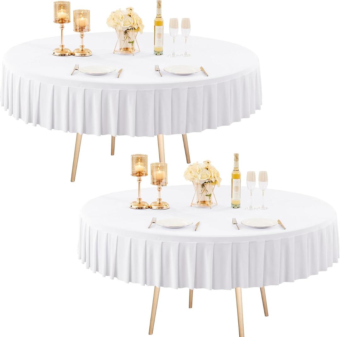 2 Pack White Round Table Cloths 72 inch, Spandex Round Tablecloth Stretchy Fitted 6FT Table Covers with Pleated Skirt for Wedding Birthday Party Dining Banquet