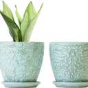 Bestseler 6 Inch Retro Ceramic Planter Set of 2 with Drainage Hole and Saucer for Plants, Indoor-Outdoor Garden Pots for Succulent, Orchid, and Flower (Fits Inner Pots Up to 5 Inches, Retro Green)