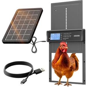 Okkobi Automatic Chicken Coop Door Solar Powered - LCD Display - Chicken Coop Door with Remote Control, Light Sensor & Timer - Security & Peace of Mind: Anti-Pinch Function - 5-Year Protection - Grey (Metal)