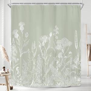 Riyidecor Sage Green Floral Wildflower Shower Curtain for Bathroom Decor 60Wx72H Plant Herbs Botanical Nature Leaf Rustic Farmhouse Art Printed Fabric Polyester Waterproof 12 Pack Plastic Hooks