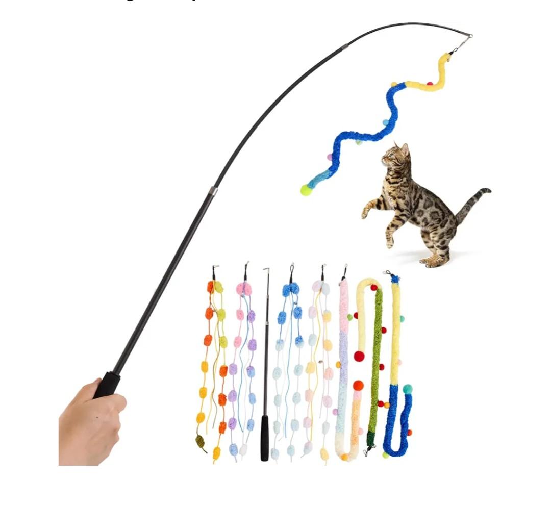 Cat Wand Toy, 8Pcs Retractable Plush Srtip Cat Teaser Wand Toys with Bell & String, Long Interactive Wand Toys for Indoor Kitten, Exercise