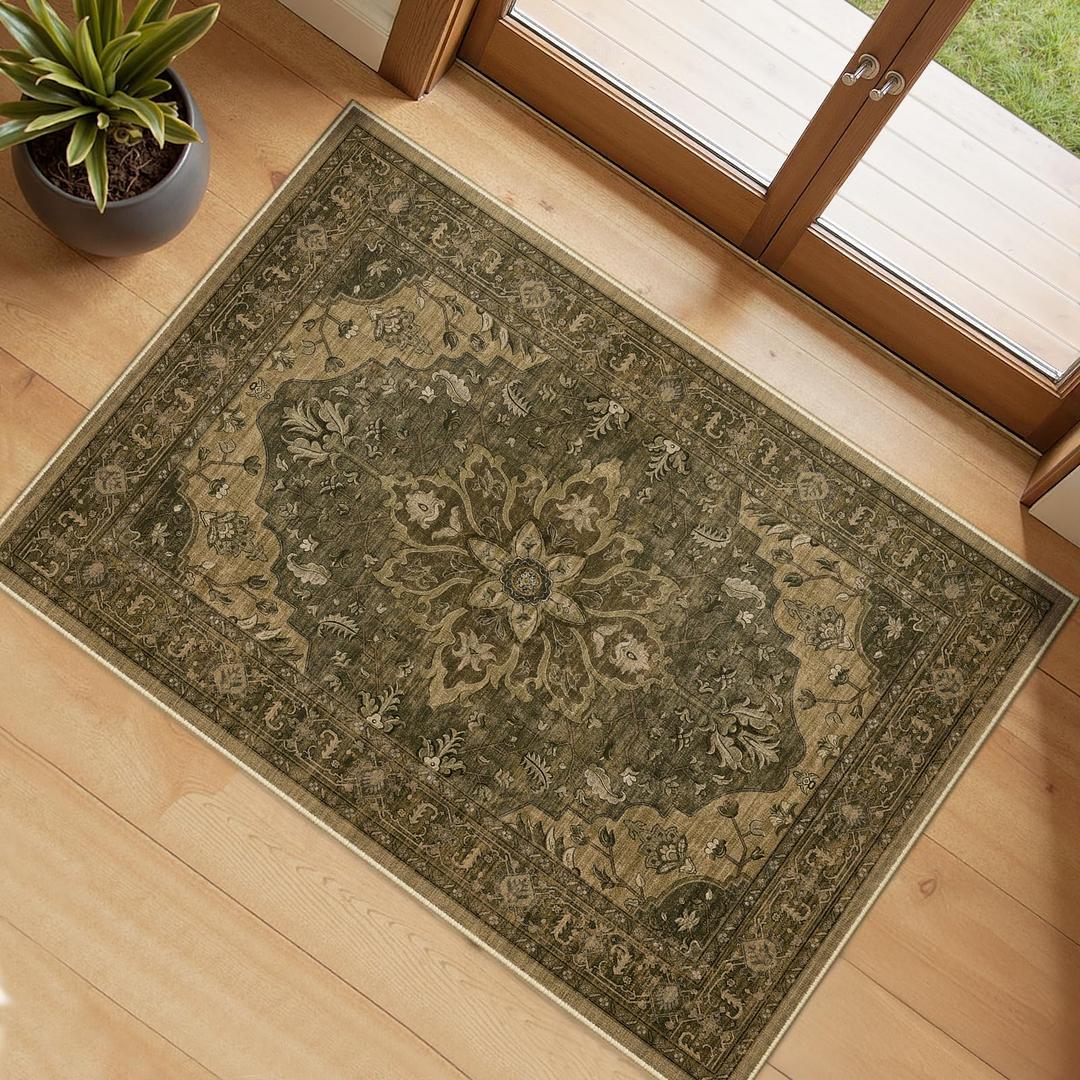 RELEANY Washable Area Rug, 7'x9', Brown/Dark Brown