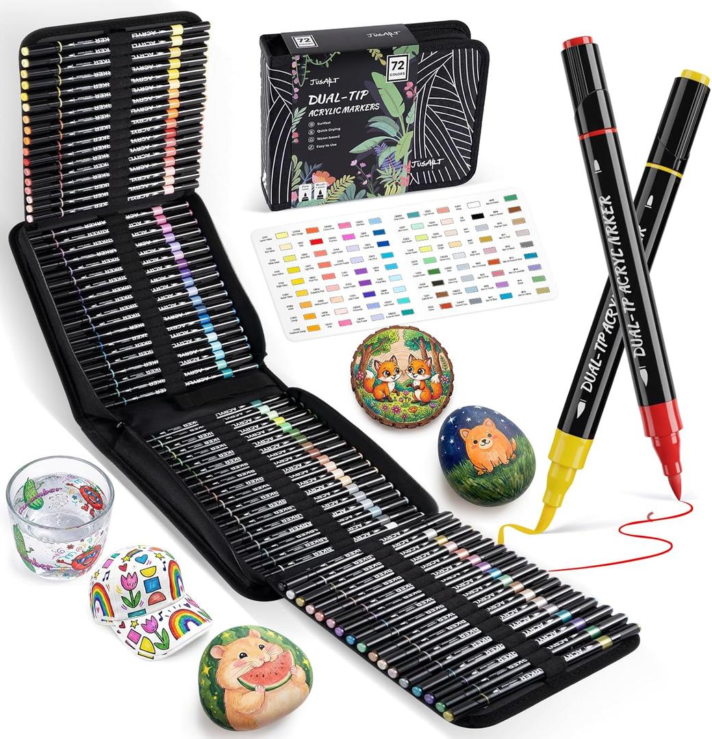 JusArt 72 Colors Acrylic Paint Markers Set with Canvas Bag, Dual Tips with Brush Tip & Fine Tip, No-Bleed, Waterproof, Non-Toxic & Odorless Adult Paint Pens for Rock, Egg, Wood, fabric, Glass, DIY