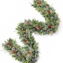 9FT Prelit Christmas Garland Decorations White Light, Snow Xmas Garland with Lights, Pulg in, for Outdoor Indoor, Home Decoration Mantle Stairs Railing Fireplace Outdoor Indoor Door