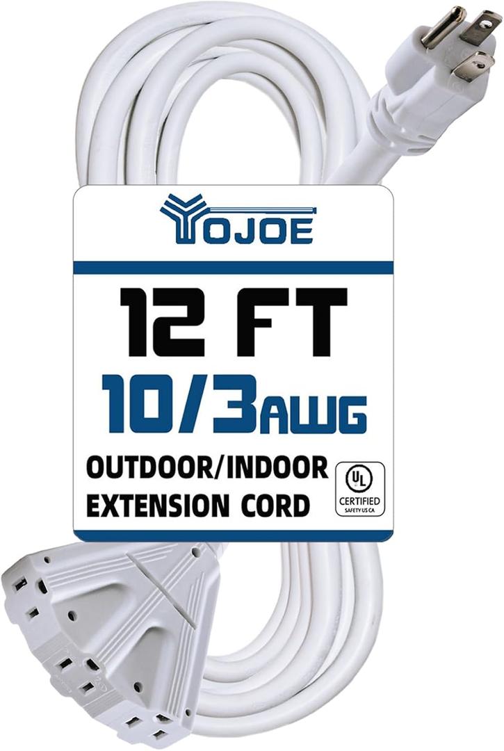 YOJOE 3-Outlets Indoor Outdoor Extension Cord, 3 Prong 15A Weatherproof Power Cord Multiple Outlets, 10 Gauge Heavy Duty 12 ft White Extension Cord for Garage, Garden, 10/3 SJTW UL Listed