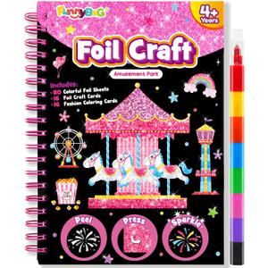FUNNYB&G Foil Art Craft Kit for Girls 4-10 Years Old: Mess-Free & No-Glue, Create 16 Sparkly Amusement Park Pictures Perfect Travel Toy & Birthday Gift for Kids Amusement Park