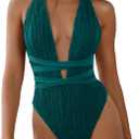 ZAFUL Women's One Piece Swimsuit Deep V Neck Ribbed Self Tie Sexy High Cut Bathing Suit Crisscross Back Swimwear (Peacock Blue), S