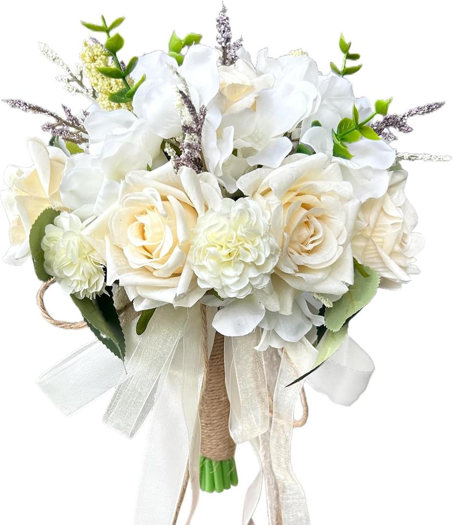 Wedding Bouquets for Bride Bridesmaid,Large Big Bridal Bouquet White Champagne Ivory Artificial Fake Silk Roses Flowers for Wedding French Vintage Boho Rustic Church Decoration Toss Bouquet (9.5in(L))